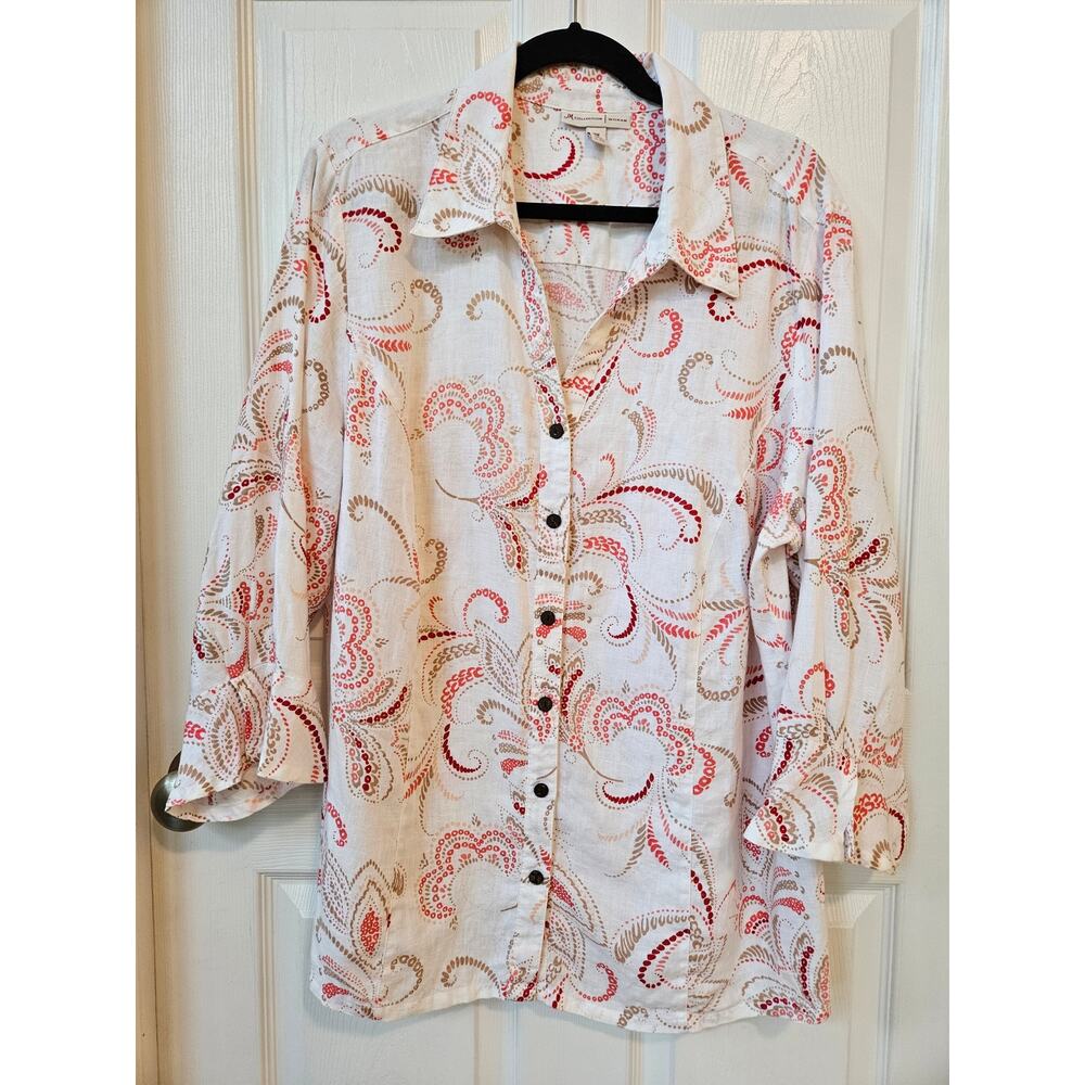 JM Collection Woman 100% Linen Paisley Flutter Sleeve Blouse Top 18W